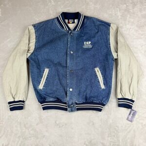 VTG Hartwell ViaSport Varsity Bomber Jacket Mens L Blue Khaki Denim 90s Y2K NEW